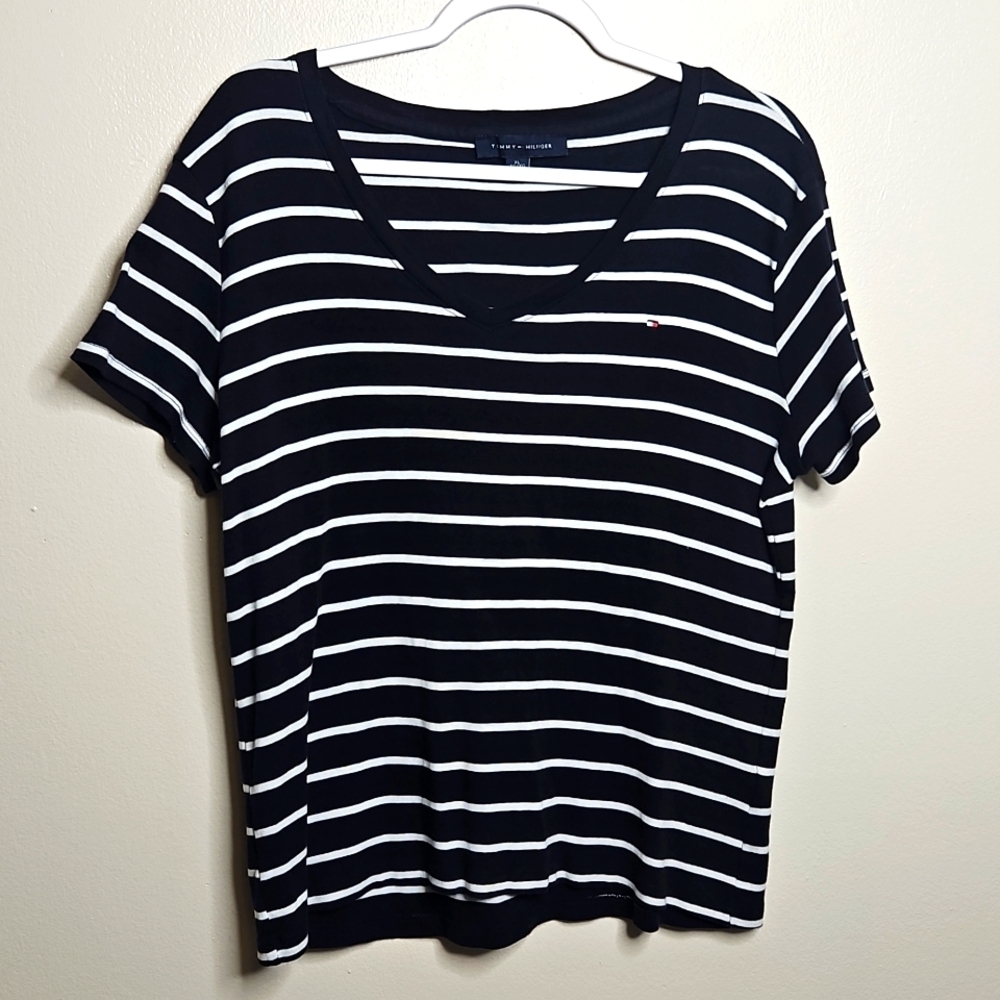 Tommy Hilfiger Womens V Neck Tee Navy White Stripe X Large